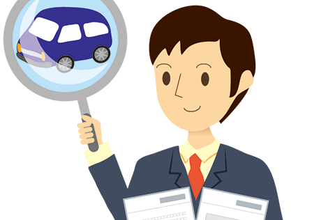 男性が書類と車を見せているイラスト