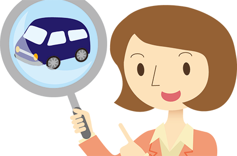 女性が虫眼鏡の中の自動車に指を刺しているイラスト